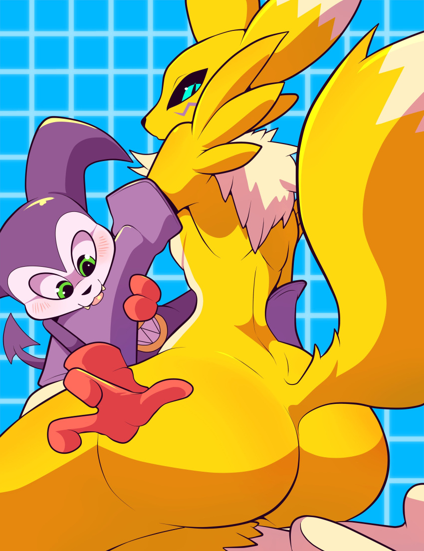 absurd_res ambiguous_gender anthro bandai_namco big_butt blush breasts butt butt_grab canid canine digimon digimon_(species) duo female fox hand_on_butt hi_res humanoid imp impmon male mammal rear_view renamon snappygrey