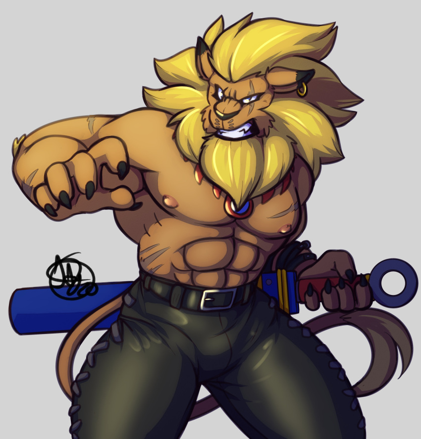 abs absurd_res bandai_namco beard belt blonde_hair bottomwear bulge clothed clothing digimon digimon_(species) ear_piercing ear_ring facial_hair frown furiousjay hair hi_res leomon male mane melee_weapon nipples pants pecs piercing scar sheathed_sword solo sword topless weapon