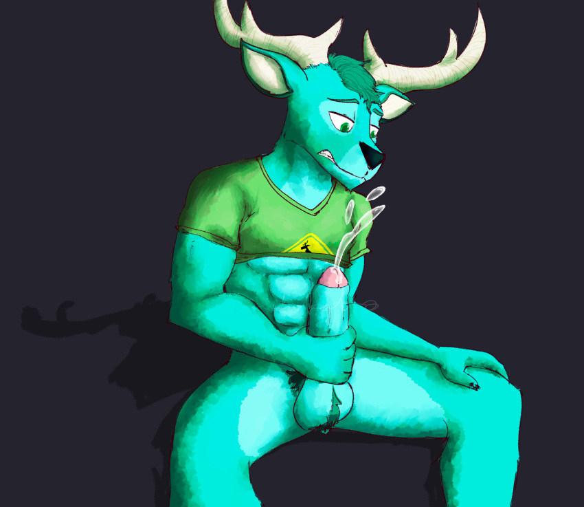 absurd_res anthro antlers aridakatto balls blue_body blue_fur bodily_fluids cervid clothed clothing digital_media_(artwork) fur genitals green_body green_fur hi_res horn invalid_tag male mammal penis shirt simple_background solo tl;dr tl;dr_(character) topwear youtube