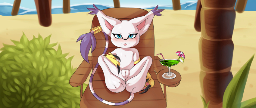 bandai_namco beach beverage biped blue_eyes blush chair claws cocktail_glass detailed_background digimon digimon_(species) fangs felid feline_fantasies female feral fur furniture gatomon genitals gracie_(ff) hi_res long_claws looking_at_viewer mammal oasis pilitan presenting presenting_pussy pussy seaside semi-anthro sitting solo spread_legs spreading