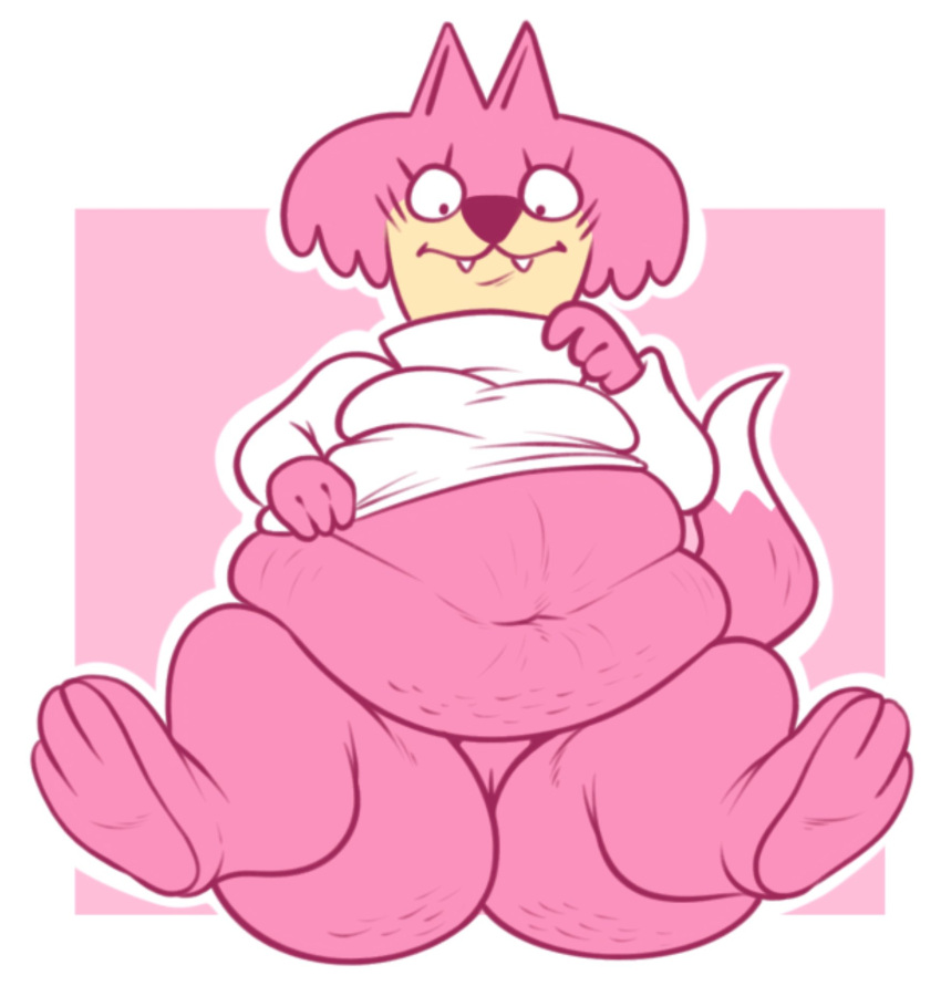 anthro belly bottomless breasts butt cellulite choo-choo_(top_cat) clothed clothing domestic_cat felid feline felis female fur genitals hanna-barbera hi_res jellystone_(hbo_max) mammal navel obese obese_anthro obese_female overweight overweight_anthro overweight_female paws pink_body pink_fur pussy simple_background smokii solo stretch_marks teeth top_cat_(series)