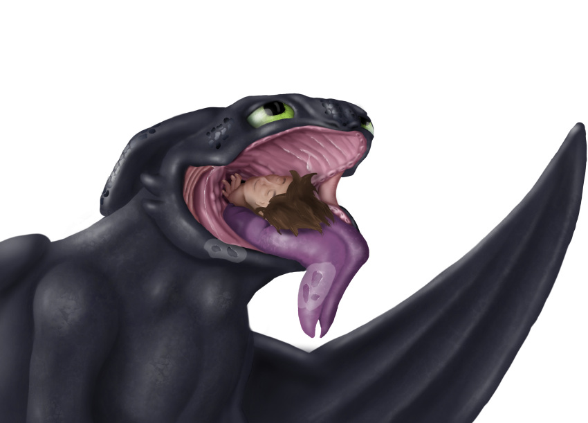 ambiguous_gender ambiguous_pred black_body brown_hair digital_media_(artwork) dragon dreamworks duo feral feral_pred green_eyes hair hi_res how_to_train_your_dragon human human_prey inside_mouth male male_prey mammal night_fury open_mouth scalie soft_vore tongue tongue_out toothless vore ward0r western_dragon willing_vore wings