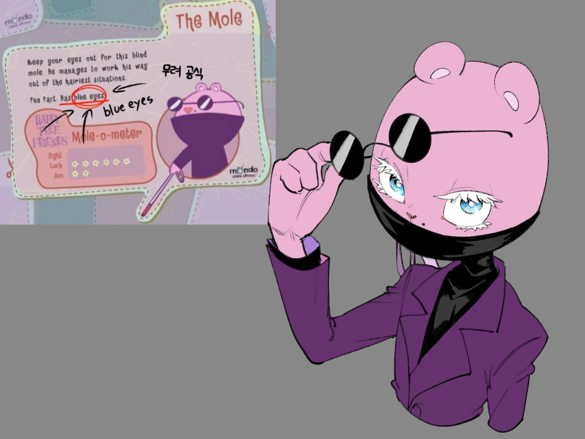 4:3 anthro blind blue_eyes clothed clothing english_text eulipotyphlan eyewear glasses happy_tree_friends hi_res looking_at_viewer male mammal mole_(animal) solo text the_mole_(htf) toboki topwear turtleneck walking_stick