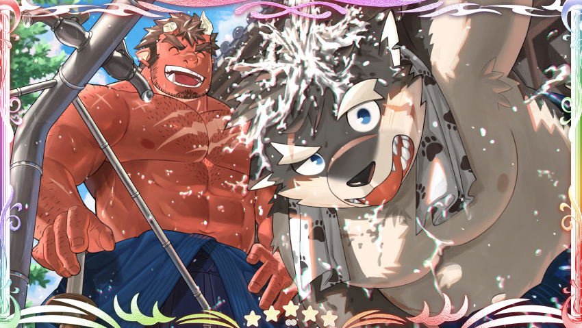 2021 absurd_res anthro asian_mythology bottomwear canid canine canis clothing demon detailed_background domestic_dog duo dyzd1 east_asian_mythology eyes_closed hi_res humanoid_hands japanese_mythology kemono male mammal moobs moritaka mythology nipples official_art oni outside overweight overweight_male pants red_body tokyo_afterschool_summoners towel towel_around_neck video_games water wet yōkai