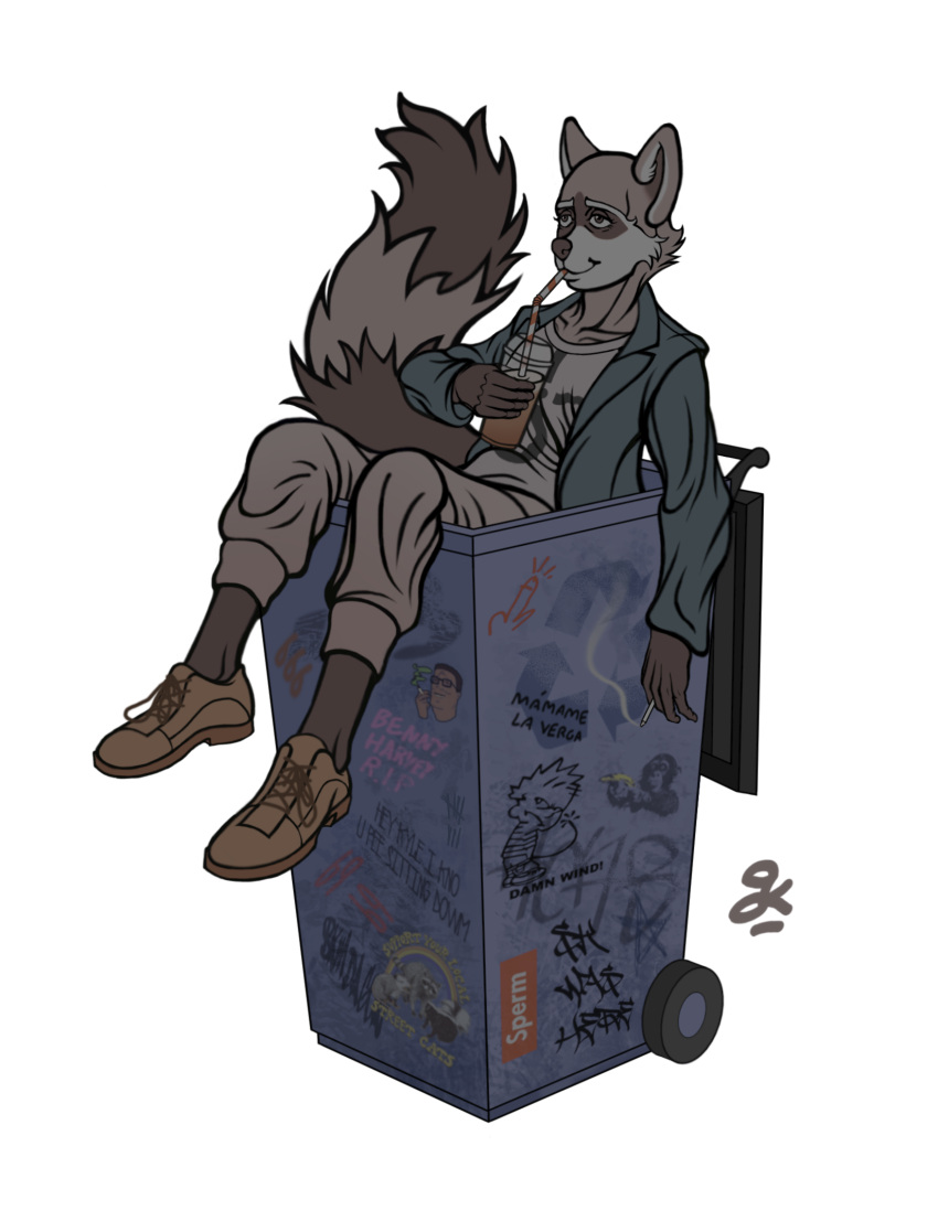 alpha_channel anthro beverage billy_anderson bin blazer bottomwear brown_clothing brown_footwear brown_shoes calvin_(calvin_and_hobbes) calvin_and_hobbes cigarette cigarette_smoke clothed clothing collarbone colorful countershading drinking drinking_straw eyebrows fan_character fluffy fluffy_tail footwear formal_shoes fur gopher_chucks graffiti grey_body grey_eyes grey_fur half-closed_eyes hank_hill hi_res holding_beverage holding_object in_container in_trash jacket leaning leaning_back lidded_eyes looking_away male mammal milkshake narrowed_eyes pants plantigrade procyonid raccoon relaxing shoes signature simple_background sitting smile smoking solo spanish_text sticker supreme text topwear translated transparent_background trash_bin trash_can water white_body white_countershading white_eyebrows