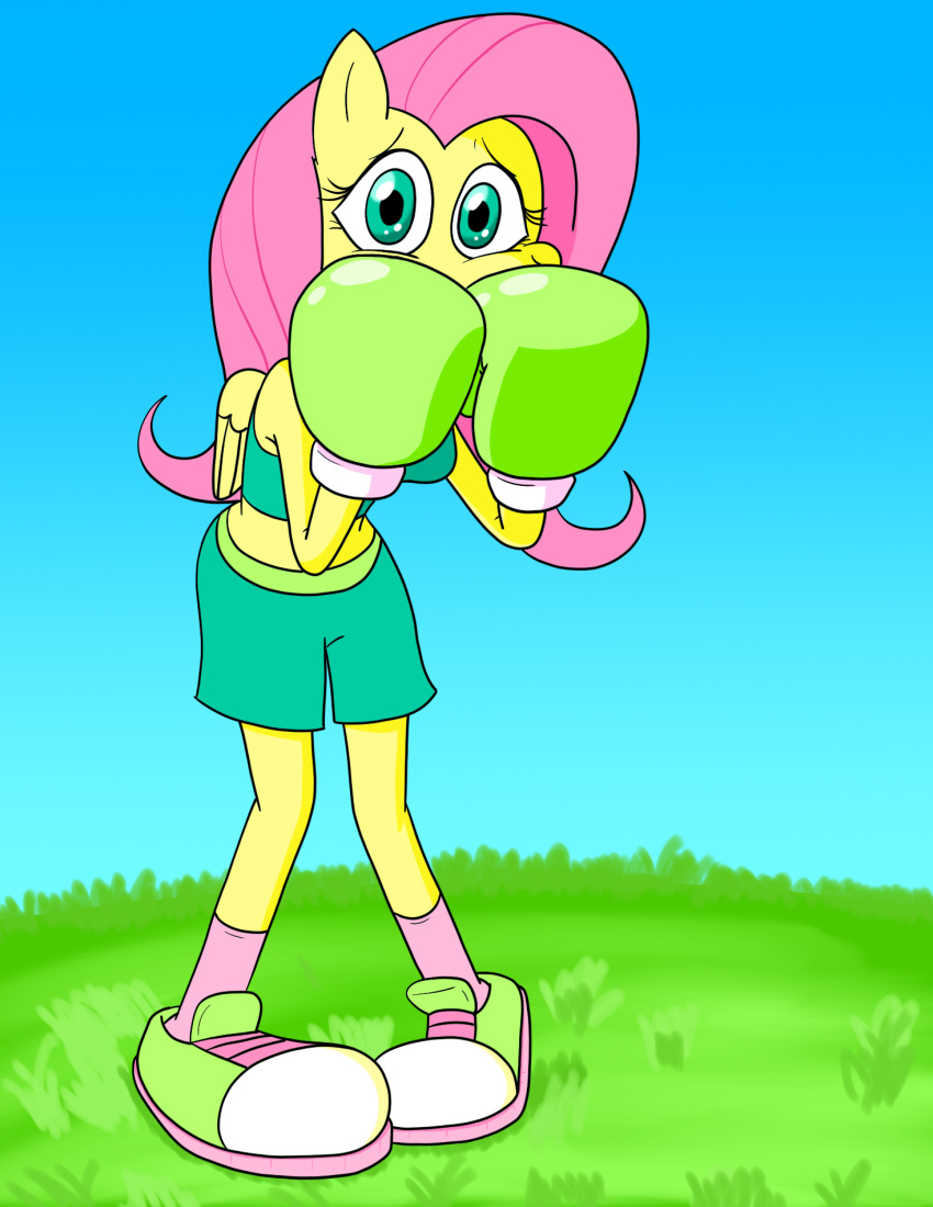 anthro boxing boxing_gloves boxing_shorts boxing_trunks clothing covering covering_face covering_mouth covering_own_mouth covering_self equid equine female fluttershy_(mlp) footwear friendship_is_magic gloves green_clothing green_gloves green_handwear handwear hasbro hi_res hunched_over mammal my_little_pony pegasus pigeon_toed scared shirt shoes sneakers socks solo solo_focus sport tank_top timid topwear wings zerohead133
