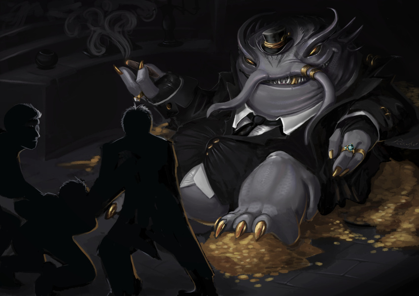 3_fingers 4_toes absurd_res anthro anthro_focus barbel_(anatomy) belly big_belly big_head black_clothing black_hat black_headwear black_jacket black_necktie black_shirt black_topwear bottomless_anthro bottomless_male catfish claws clothed_anthro clothed_human clothed_male clothing coin colored detailed detailed_background dress_shirt eye_contact facial_scar feet fingers fish flesh_whiskers full-length_portrait gold_(metal) gold_claws gold_coin gold_ring gold_theme gold_tooth grey_body grey_markings grey_scales grin group hair hat headgear headwear hi_res holding_cigar human humanoid_hands jacket kneeling league_of_legends lip_scar looking_at_another male mammal marine markings mouth_scar necktie no_pupils obese obese_anthro obese_male open_mouth open_smile overweight overweight_anthro overweight_male portrait raylor_7 reclining restricted_palette ring riot_games scales scalie scar sharp_teeth shirt signature silhouette sitting small_hat smile smoke tahm_kench_(lol) teeth three-quarter_portrait three-quarter_view toes topwear undershirt video_games whisker_ring white_clothing white_shirt white_topwear white_undershirt yellow_claws yellow_eyes yellow_theme