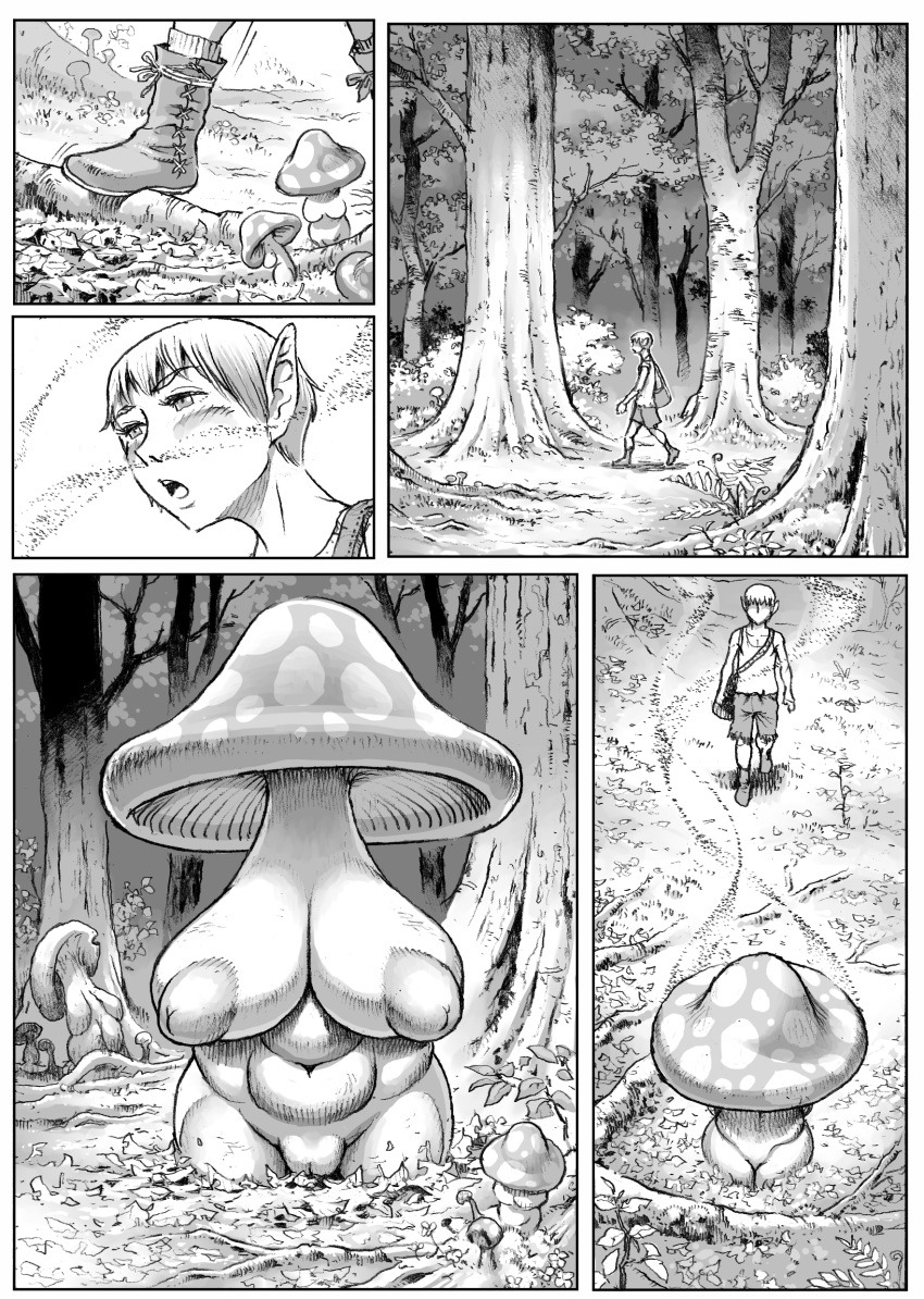 absurd_res armless big_breasts breasts double_deck elemental_creature elemental_humanoid elf female flora_fauna fungi_fauna fungi_humanoid fungus genitals hi_res humanoid inverted_nipples male monochrome nipples not_furry nude plant pussy sagging_breasts slightly_chubby