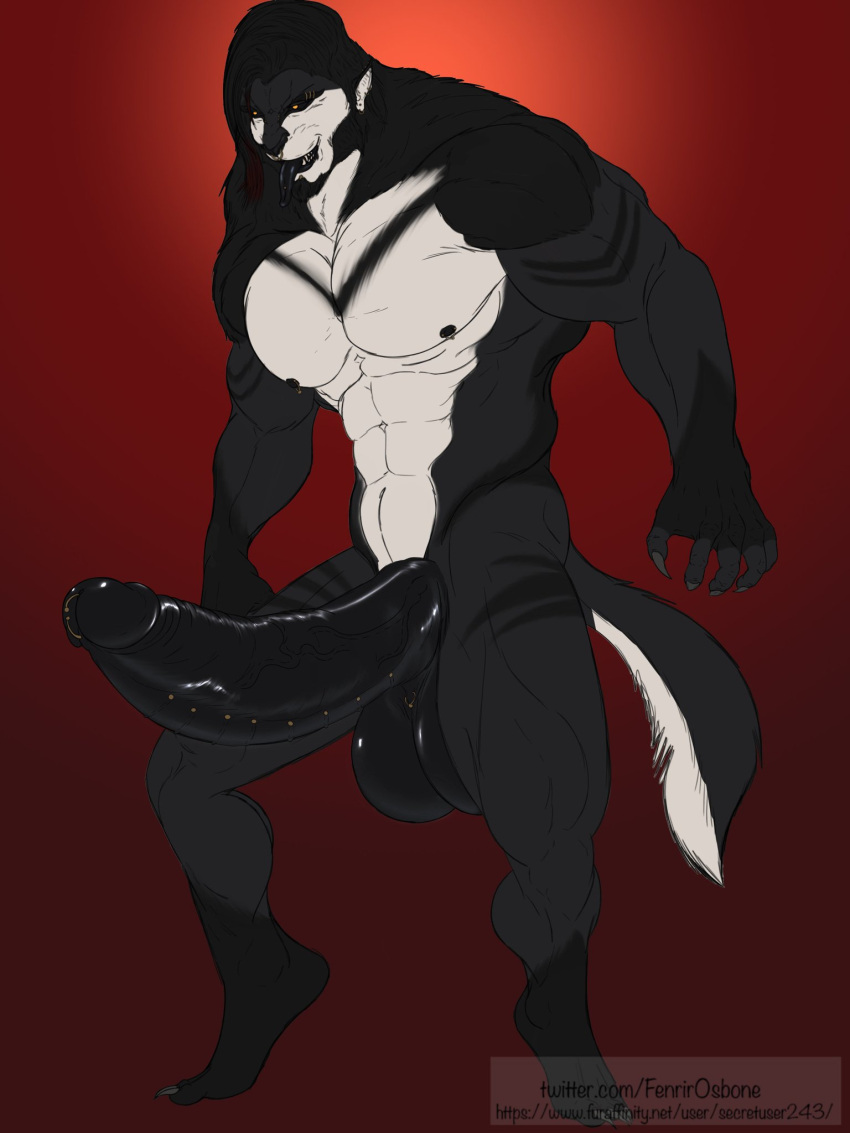 3:4 animal_humanoid anthro balls big_bad_wolf_(fenrir_osbone) big_balls big_penis black_balls black_nipples black_penis canid canine canis claws dark_body dark_fur digital_media_(artwork) erection fenrir_osbone fenrir_osbone_(character) fur genitals glistening glistening_genitalia glistening_penis hair hi_res humanoid humanoid_face humanoid_genitalia humanoid_penis hybrid male mammal mammal_humanoid muscular muscular_anthro muscular_male nipples nude penis piercing simple_background smile solo text tongue url were werecanid werecanine werewolf wolf