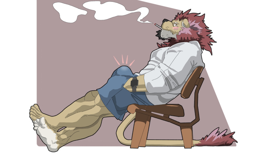 abstract_background anthro blush blush_lines bottomwear brown_body brown_fur bulge chair chan_kiti_chan_(artist) cigarette cigarette_in_mouth cigarette_smoke clock clothed clothing embarrassed erection erection_under_clothing facial_hair feet felid full-length_portrait fur furniture hands_in_pockets hi_res humanoid_feet lion looking_at_viewer male mammal mane muscular muscular_male pantherine pockets portrait reclining shorts solo tail_tuft tuft watch