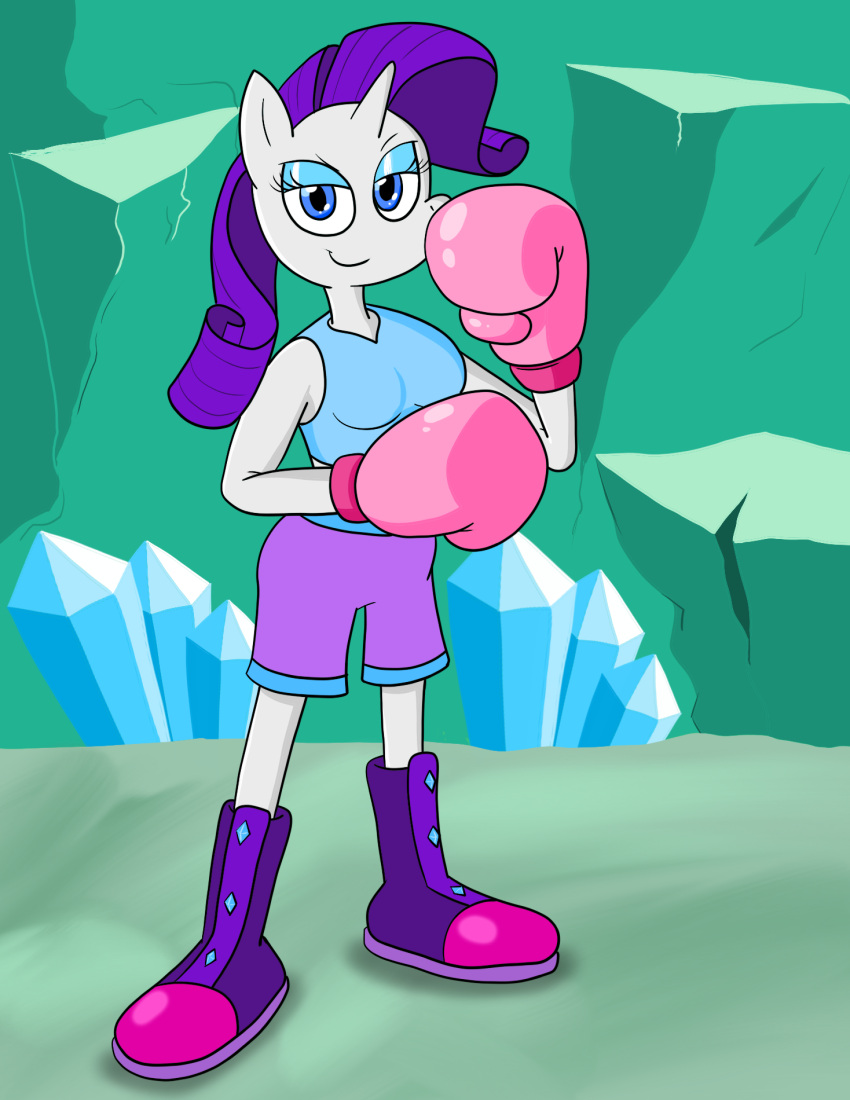 anthro boots boxing boxing_gloves boxing_shorts boxing_trunks cave cavern clothing crystal equid equine eyeshadow female footwear friendship_is_magic gloves handwear hi_res horn makeup mammal my_little_pony pink_clothing pink_gloves pink_handwear rarity_(mlp) shirt shoes solo solo_focus sport tank_top topwear unicorn zerohead133