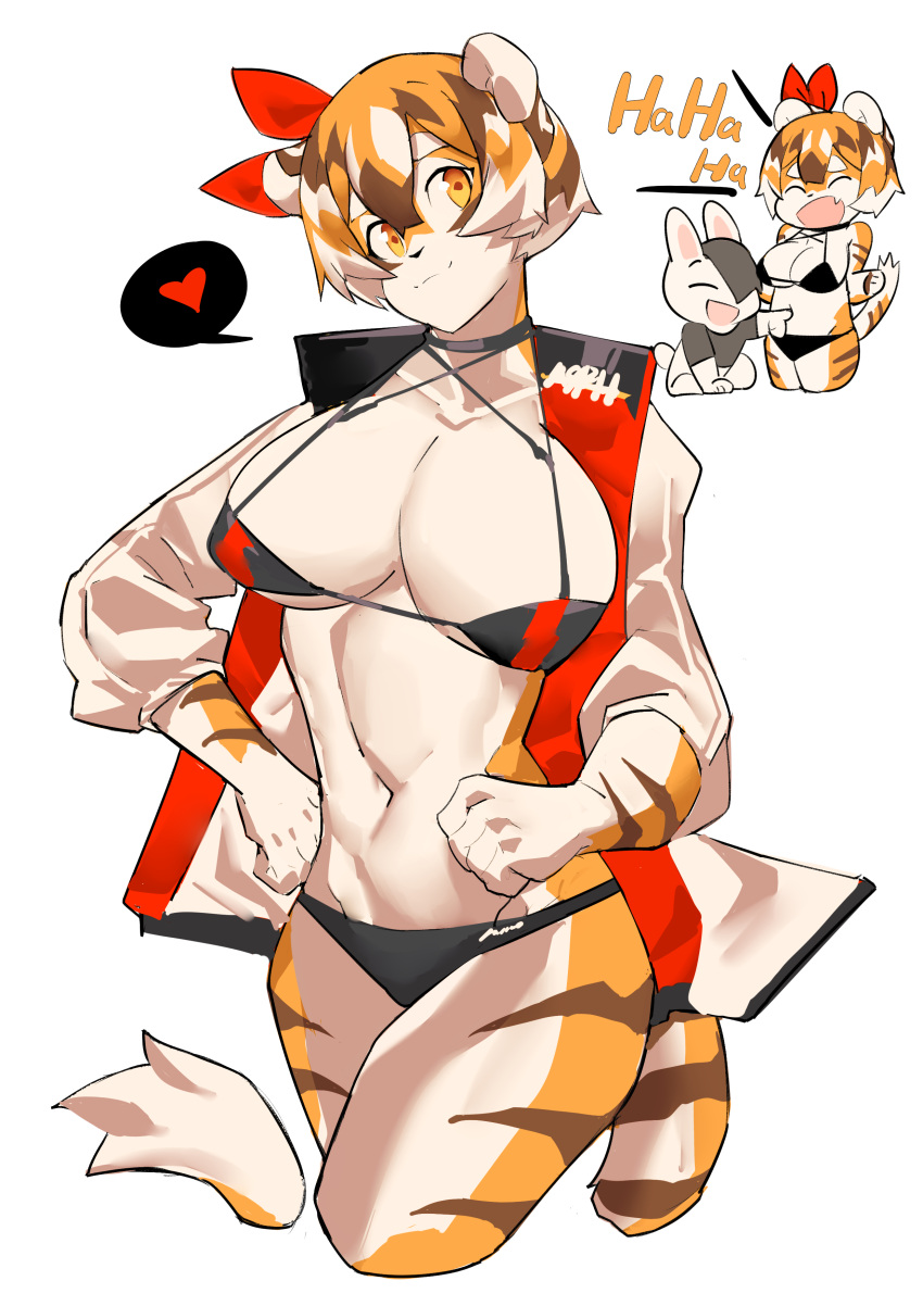 &lt;3 2021 absurd_res amber_eyes ambiguous_gender anthro arknights aspirindabaitu bikini breasts brown_body clothed clothing duo felid female fur hair hi_res hypergryph lagomorph laugh mammal multicolored_body multicolored_fur multicolored_hair navel orange_body orange_fur orange_hair pantherine smile solo_focus speech_bubble studio_montagne swimwear tiger video_games waaifu_(arknights) white_body white_fur white_hair