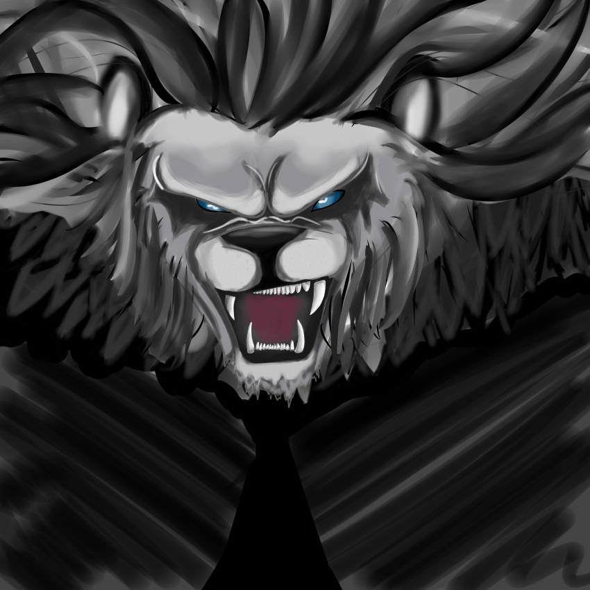 1:1 absurd_res angry anthro black_clothing blue_eyes clothing dark_theme fangs felid fur grey_body grey_fur hi_res lion looking_at_viewer male mammal open_mouth pantherine sabertooth_(anatomy) sharp_teeth solo teeth teeth_visible thehonestrival tongue