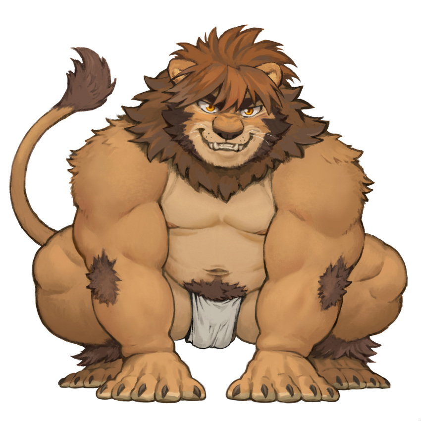 1:1 aggressive all_fours anthro asian_clothing brown_body brown_fur claws clenched_teeth clothing crouching cute_fangs east_asian_clothing elbow_tufts facial_hair felid fundoshi fundoshi_only fur hi_res incarnata japanese_clothing lion male mammal mane musclegut muscular muscular_male neck_tuft nipples pantherine pounce_pose ross_(rossciaco) solo tail_tuft teeth tuft underwear whiskers yellow_eyes
