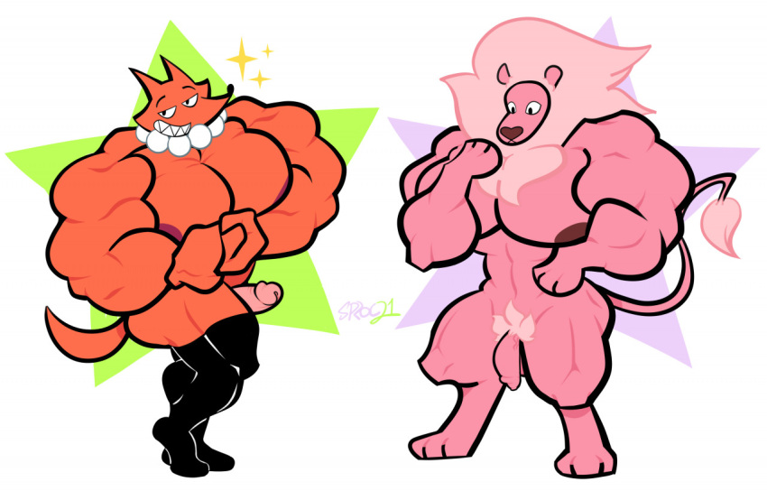 abs anthro anthrofied biceps big_muscles biped boots butt canid canine cartoon_network clothing duo felid flexing footwear fox foxman fur genitals huge_muscles hyper hyper_muscles legwear lion lion_(steven_universe) male mammal mane muscular nipples pantherine pecs penis pink_body pink_fur pink_mane pose pubes quads sharp_teeth signature smile sparkles sprocco_(artist) standing star steven_universe tail_tuft teeth thigh_boots thigh_highs toothy_grin tuft vein veiny_penis