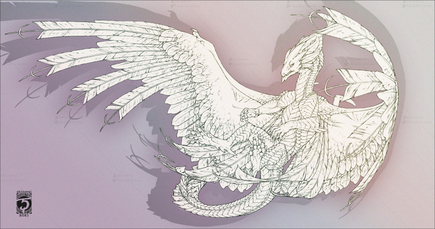 2021 ambiguous_gender digital_media_(artwork) dragon feathered_dragon feathered_wings feathers feral hi_res horn scales shinerai sketch solo wings