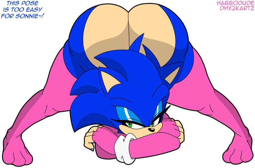 anthro butt clothing damian_hodge english_text girly gloves habbodude handwear hi_res jack-o'_pose looking_at_viewer male pose sega solo sonic_the_hedgehog sonic_the_hedgehog_(series) text