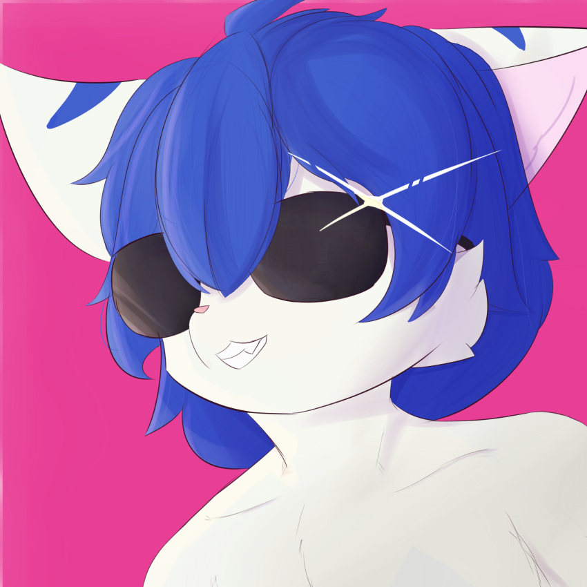1:1 anthro bangs blue_hair chad_(meme) eyewear fur hair hi_res kemono looking_away male multicolored_body multicolored_fur pink_background pink_nose profile_picture shaded simple_background smile solo sunglasses texaaa two_tone_body two_tone_fur white_body white_fur