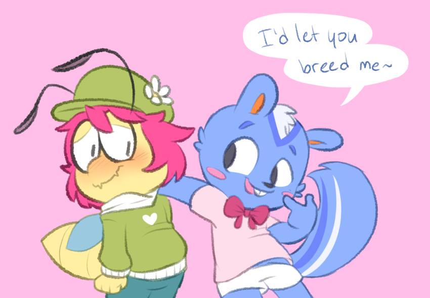 animal_crossing arthropod blush buckoguy filbert_(animal_crossing) flirting insect mammal nintendo rodent sciurid video_games