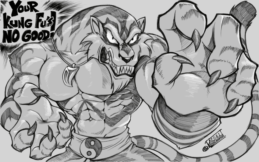 abs anthro belt black_nose bottomwear claws clothing dialogue dreamworks fang_necklace fangs felid fur hi_res male mammal monochrome muscular muscular_male pantherine pants pecs pltnm06ghost shirtless snarling solo striped_body striped_fur stripes t'ai_fu:_wrath_of_the_tiger tai_fu tiger wrath_of_the_tiger