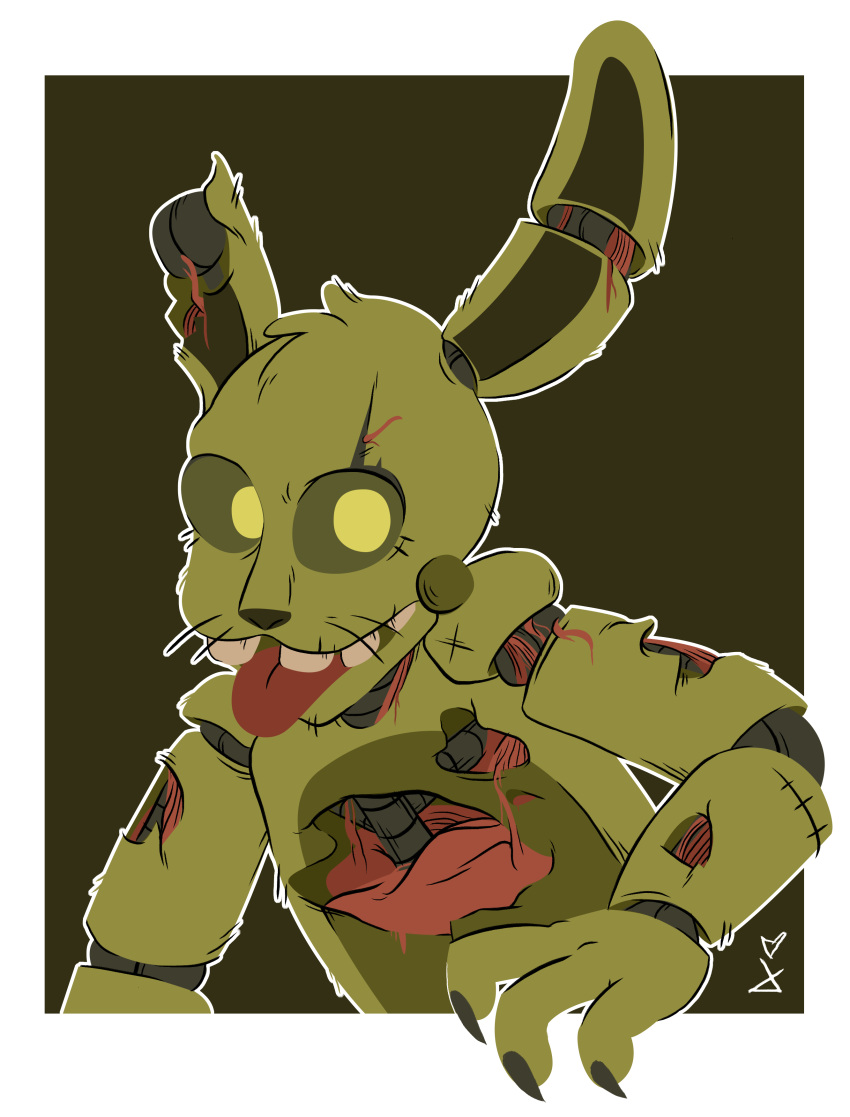 2015 absurd_res animatronic big_eyes black_claws blood bodily_fluids bust_portrait claws colored five_nights_at_freddy's five_nights_at_freddy's_3 flat_colors front_view fur gore hi_res katinghost lagomorph leporid logo machine mammal pink_tongue portrait rabbit robot signature simple_background springtrap_(fnaf) tongue toony video_games white_background yellow_background yellow_body yellow_eyes yellow_fur