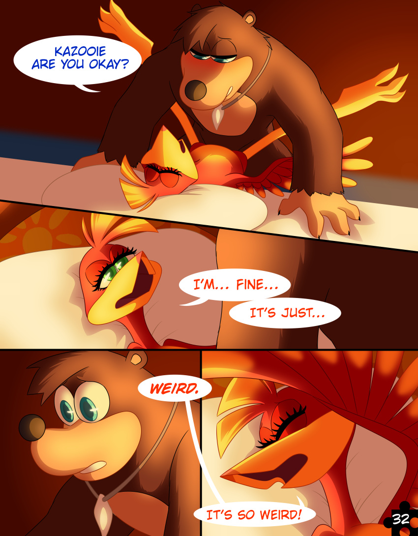 2021 absurd_res anthro anthro_on_anthro anthro_penetrated anthro_penetrating anthro_penetrating_anthro avian banjo-kazooie banjo_(banjo-kazooie) bed bird black_nose blue_eyes blush breegull brown_body brown_fur candlelight comic dialogue digital_media_(artwork) duo english_text eyelashes eyes_closed feathers female female_on_bottom from_front_position fur furniture green_eyes head_tuft hi_res jewelry kazooie legs_up looking_at_another looking_at_partner lying male male/female male_on_top mammal missionary_position necklace nude number on_back on_bed on_bottom on_top page_number penetration penile penile_penetration penis_in_pussy rareware red_body red_feathers sex skeletonguys-and-ragdolls speech_bubble spread_legs spreading text tuft ursid vaginal vaginal_penetration video_games yellow_body yellow_feathers