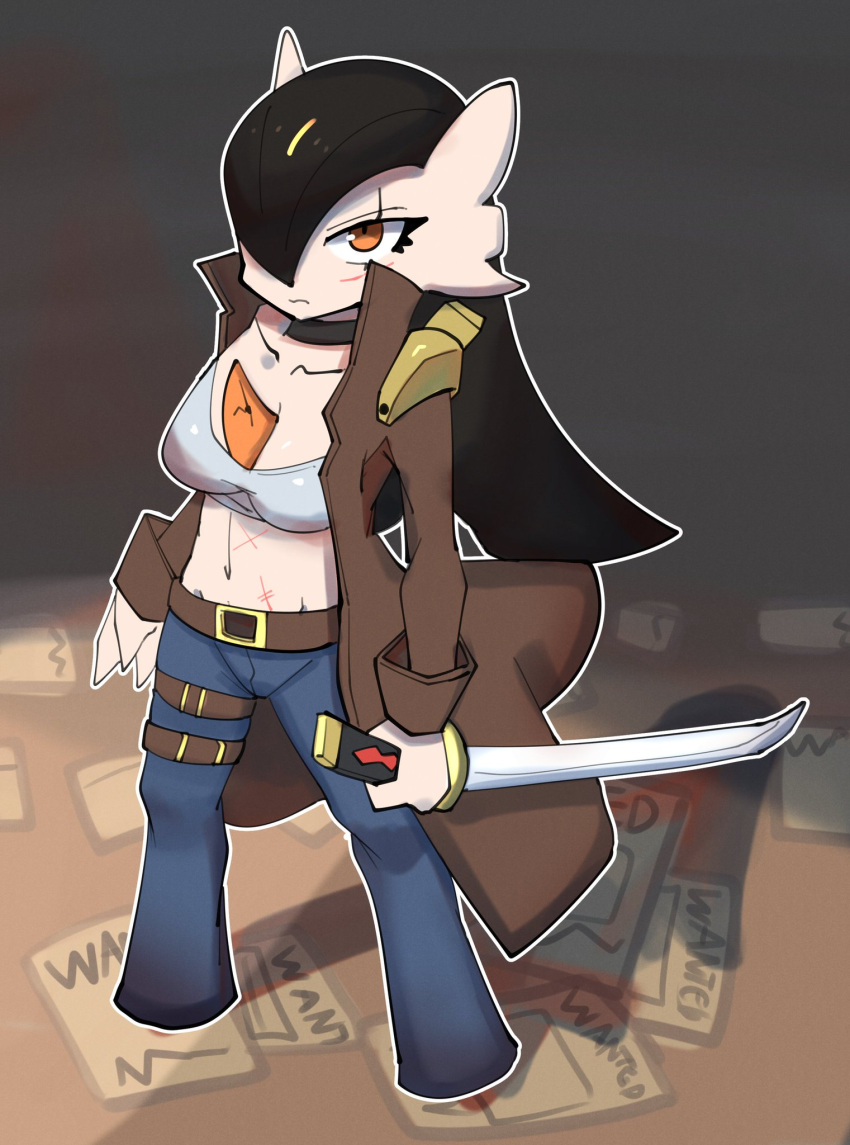 2021 angry belt black_hair bottomwear choker clothing coat cracks denim denim_clothing female gardevoir hair hi_res humanoid jeans jewelry katana long_hair melee_weapon mxlovegopdng navel necklace nintendo orange_eyes pants pok&eacute;mon pok&eacute;mon_(species) scar shana_(atomic417) shirt simple_background solo sword tank_top topwear trenchcoat video_games weapon wounded