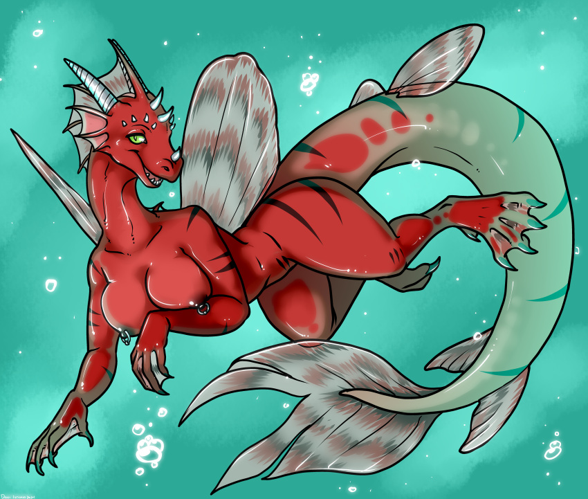 absurd_res anthro aquatic_dragon breasts danji-isthmus dragon female fin hi_res horn marine nipple_piercing nipples piercing red_body solo stripes swimming underwater water wingless_dragon