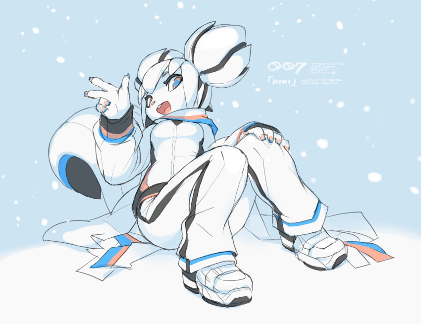 android clothed clothing female fur hi_res kiki_the_cyber_squirrel krita_(program) machine mammal open_mouth presenting robot rodent running sciurid smile snow tracksuit tree_squirrel tysontan white_body white_fur