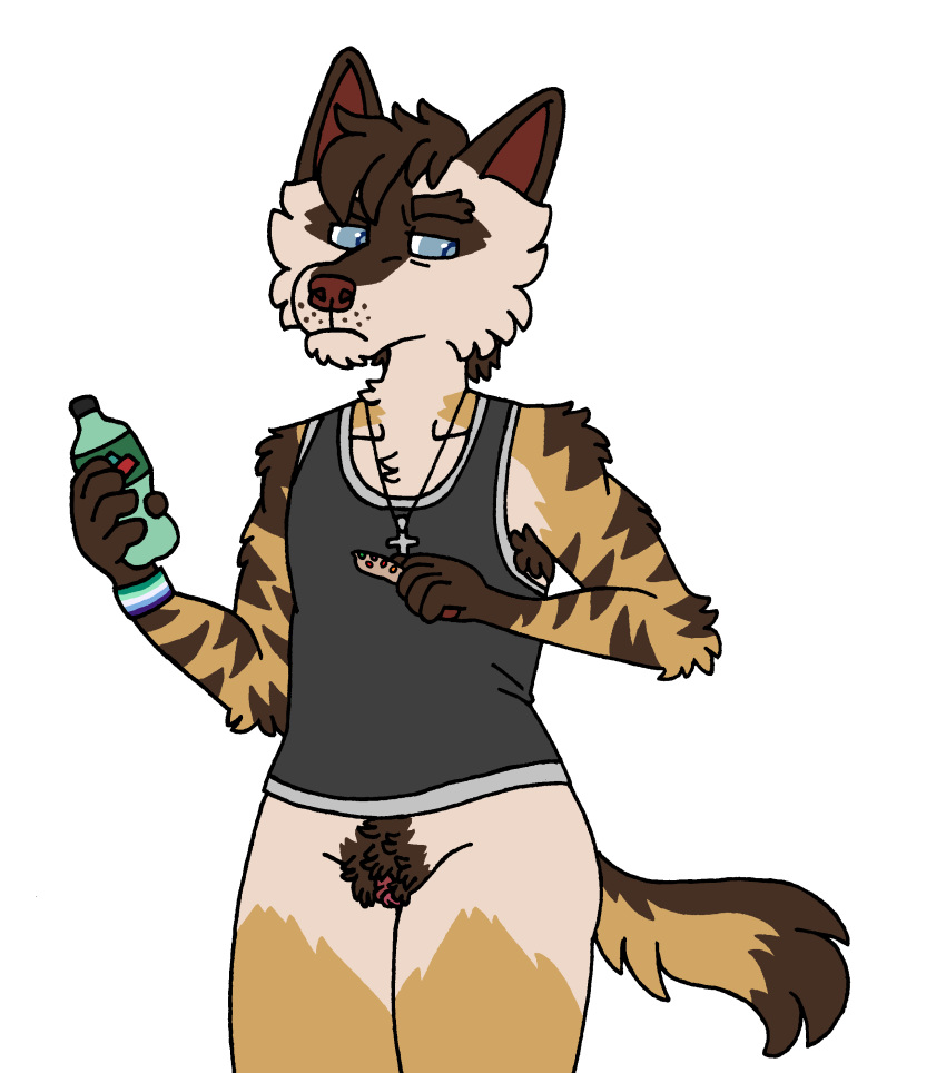 absurd_res accessory ambiguous_gender andromorph annoyed anthro beverage bottle bottomless clitoral_hood clitoris clothed clothing cross food gay_male_pride_colors genitals hi_res holding_beverage holding_food holding_object hyaenid hybrid intersex jewelry kibbleztheyeen mammal necklace parker_(kibbleztheyeen) partially_clothed pubes pussy shirt solo striped_hyena tank_top thick_thighs topwear trans_(lore) trans_man_(lore) vincian_pride_colors wristband