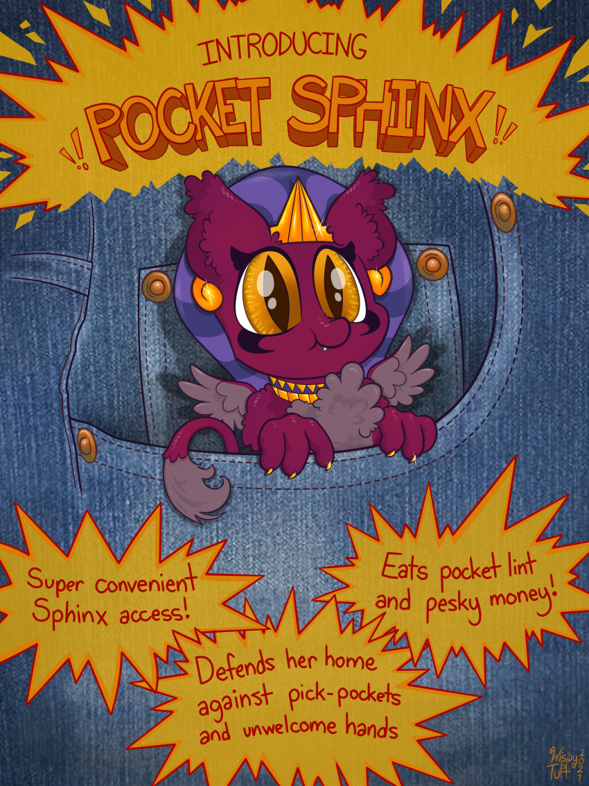 2021 3:4 absurd_res ambiguous_gender clothing cute_fangs digital_media_(artwork) english_text felid fingers friendship_is_magic fur hasbro hi_res mammal my_little_pony mythological_sphinx mythology pockets solo sphinx_(mlp) spread_wings text wings wispytuft