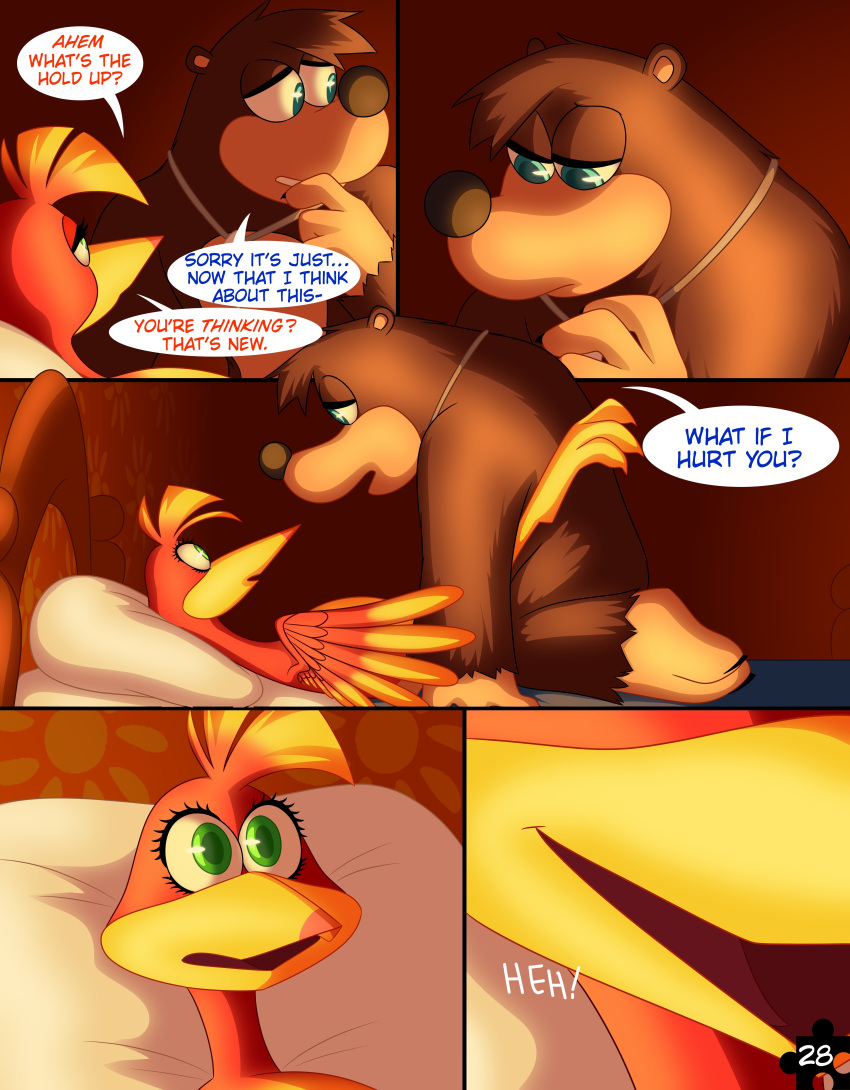 2021 absurd_res anthro avian banjo-kazooie banjo_(banjo-kazooie) bed bird black_nose blue_eyes breegull brown_body brown_fur candlelight comic dialogue digital_media_(artwork) duo english_text eye_contact eyelashes feathers female fur furniture giggle green_eyes head_tuft hi_res jewelry kazooie kneeling legs_up looking_at_another looking_at_partner lying male male/female mammal necklace nervous nude number on_back on_bed page_number rareware red_body red_feathers skeletonguys-and-ragdolls speech_bubble text tuft ursid video_games worried yellow_body yellow_feathers