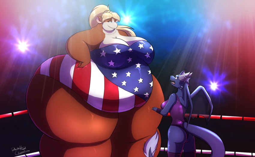 anthro belly big_belly clothing dragon duo female fighting_ring mammal mouse murid murine obese obese_anthro obese_female overweight overweight_anthro overweight_female robthehoopedchipmunk rodent smile stars_and_stripes united_states_of_america wrestling