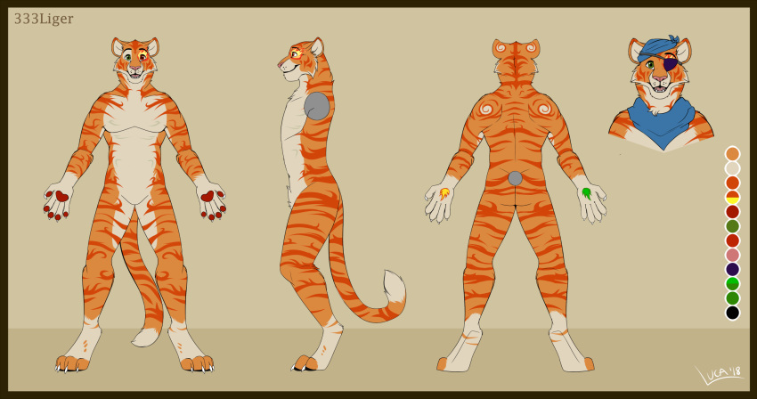 333liger_(fufila321) anthro bandanna clothing color_swatch costume eye_patch eyewear felid flame_markings fursuit green_eyes heterochromia hi_res hybrid kerchief liger lion luca male mammal markings model_sheet pantherine pawpads paws red_eyes scarf smile solo