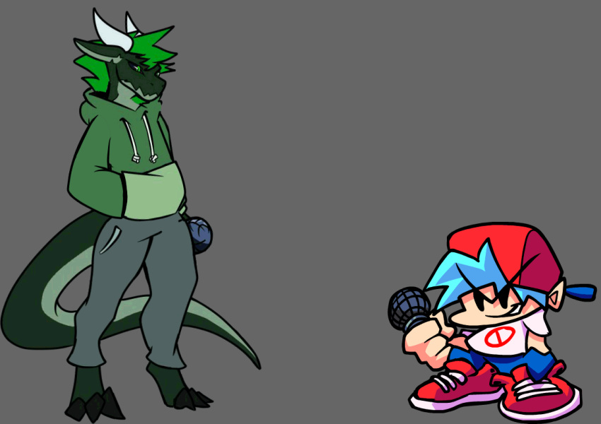 animated anthro boyfriend_(fnf) clothed clothing dragon friday_night_funkin' green_body green_eyes green_hair hair human male mammal microphone scalie short_playtime simple_background tqualizer tqualizer(character)