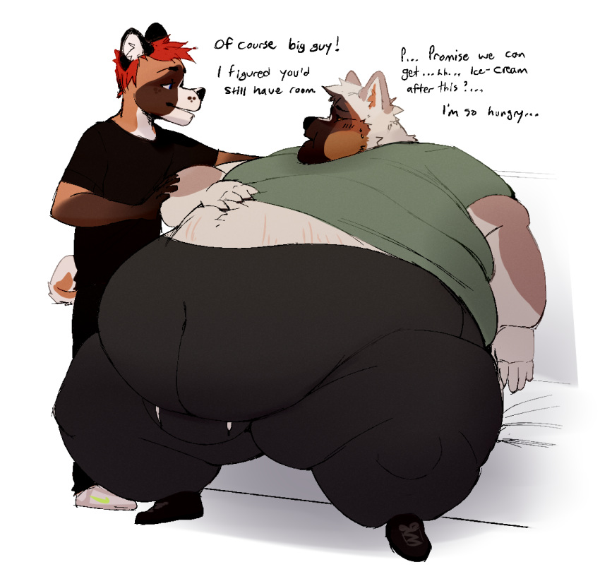 akita anthro belly big_belly blush bodily_fluids brown_body brown_fur canid canine canis chubby_cheeks clothed clothing dewlap_(anatomy) dialogue domestic_dog double_chin duo english_text fur hair hand_on_shoulder hand_on_stomach huge_thighs love_handles male male/male mammal morbidly_obese morbidly_obese_anthro morbidly_obese_male navel_outline noon_(softakita) nordic_sled_dog obese obese_anthro obese_male okaeri open_mouth open_smile overweight overweight_anthro overweight_male red_hair rowan_(softakita) samoyed sitting smile spitz standing stretch_marks sweat sweatdrop sweatpants text thick_thighs white_body white_fur wide_hips