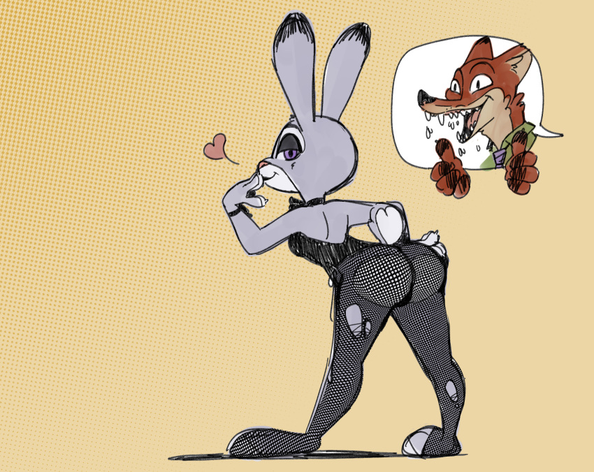 &lt;3 anthro bent_over bodily_fluids bunny_costume butt canid canine clothing costume disney drooling female finger_on_lip fishnet fishnet_legwear fox gesture halftone happy hi_res hole_in_pants judy_hopps lagomorph legwear leporid lipstick looking_at_viewer looking_back looking_back_at_viewer makeup male mammal nick_wilde open_mouth passionatefloorromance purple_eyes rabbit raised_tail rear_view saliva shoulder_blades simple_background solo solo_focus thumbs_up torn_clothing zootopia