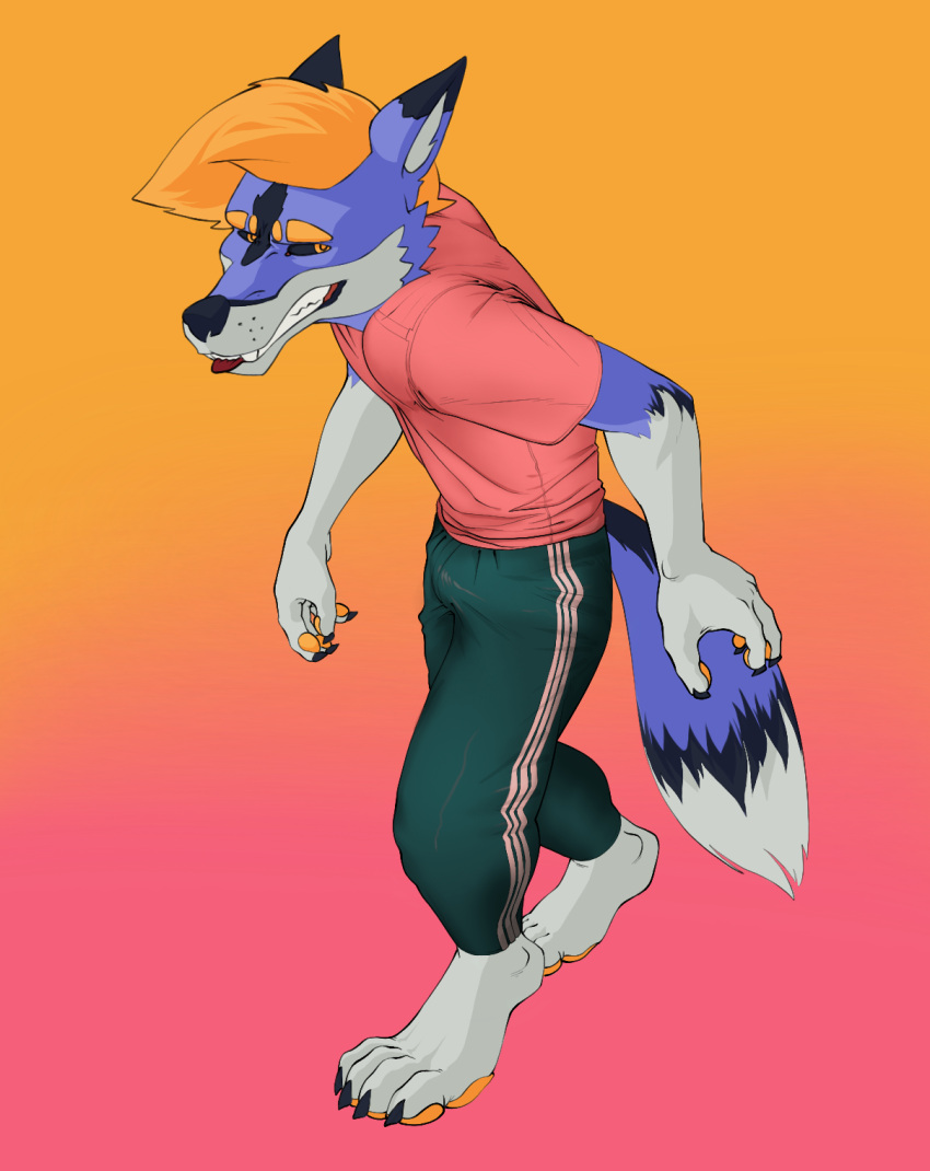 anthro beefrequency black_eyes blue_body blue_fur bottomwear bulge canid canine canis claws clothed clothing coyote digital_media_(artwork) ears_back feet fingers fur hair handpaw hi_res hindpaw looking_at_viewer male mammal open_mouth orange_body orange_eyes orange_fur orange_hair pants pawpads paws pivoted_ears shirt simple_background smile solo t-shirt teeth toe_claws toes tongue tongue_out topwear trackpants white_body white_fur