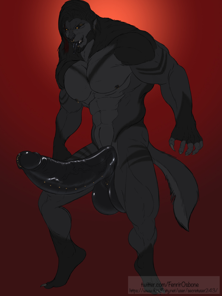 3:4 absurd_res animal_humanoid anthro balls big_bad_wolf big_bad_wolf_(fenrir_osbone) big_balls big_penis black_balls black_nipples black_penis canid canine canis claws dark_body dark_fur digital_media_(artwork) erection fenrir_osbone fur genitals glistening glistening_genitalia glistening_penis hair hi_res humanoid humanoid_face humanoid_genitalia humanoid_penis hybrid little_red_riding_hood_(copyright) male mammal mammal_humanoid muscular muscular_anthro muscular_male nipples nude penis piercing simple_background smile solo text tongue url were werecanid werecanine werewolf wolf