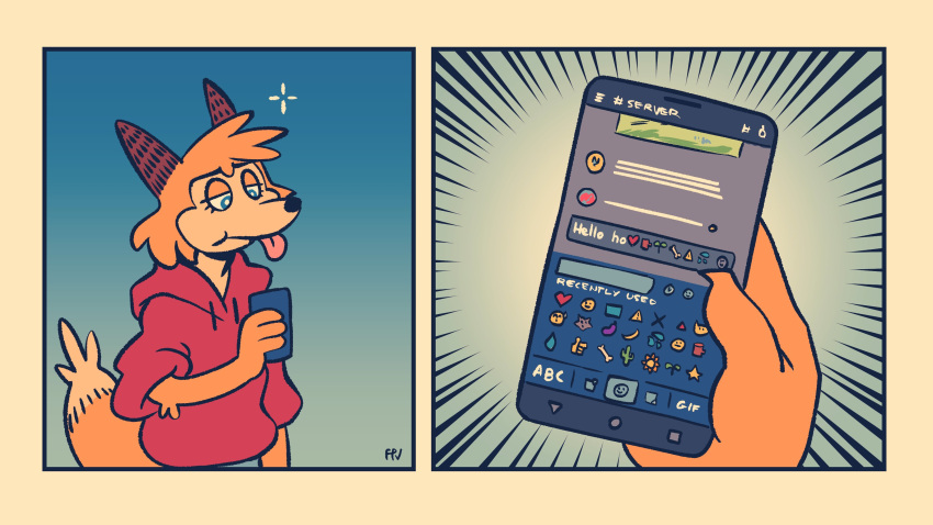 16:9 2021 absurd_res anthro border canid canine cellphone clothing conditional_dnp female fox fox-pop hi_res mammal phone simple_background solo widescreen yellow_border