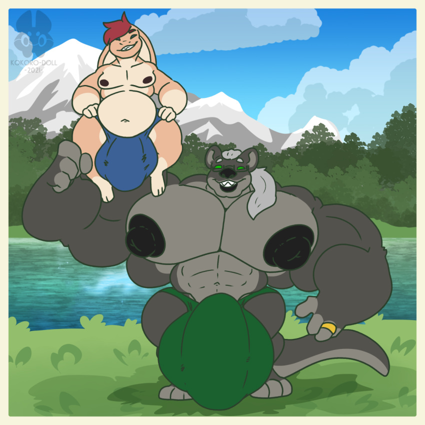 1:1 2021 3_toes 4_fingers anthro balls big_balls big_bulge big_muscles big_pecs big_penis black_nipples border bulge clayton_(quantum89) clothed clothing cloud day duo eyes_closed feet finger_rign fingers fist flexing forest front_view fur genitals grass green_eyes grey_body grey_fur grey_hair grin hair hand_on_hip hi_res huge_balls huge_bulge huge_muscles huge_nipples huge_pecs huge_penis hyper hyper_balls hyper_bulge hyper_genitalia hyper_muscles hyper_pecs hyper_penis julian_(nexxus13) kokoro-doll lagomorph lake leporid lifting_another lutrine male mammal mountain muscular mustelid navel nipples pecs penis plant ponytail rabbit red_hair sharp_teeth size_difference sky slightly_chubby smile standing teeth toes tree underwear underwear_only yellow_body yellow_border yellow_fur