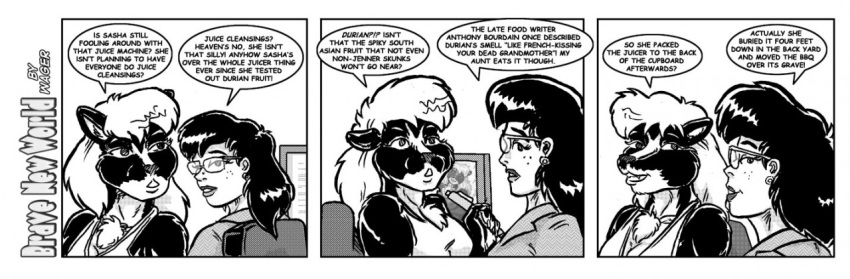 anthro brave_new_world breasts cherise_chevron clothed clothing comic computer dialogue duo ear_piercing english_text eyewear female fur glasses hair human jaque_smith mammal mephitid monochrome open_mouth piercing skunk style_wager text