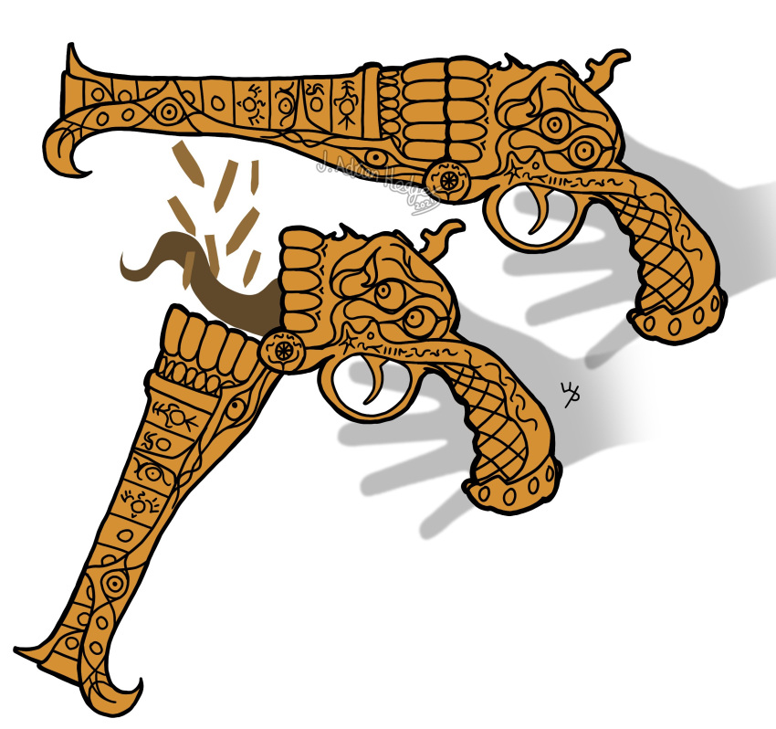 2021 ambiguous_gender animate_inanimate bullet demon detailed digital_drawing_(artwork) digital_media_(artwork) disembodied_hand eating engraving gold_(metal) gun handgun hi_res holding_object holding_weapon monochrome multi_eye not_furry pistol ranged_weapon reloading restricted_palette revolver runes signature simple_background solo teeth tongue tongue_out watermark weapon wittless-pilgrim