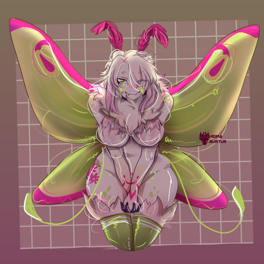 1:1 absurd_res animal_humanoid antennae_(anatomy) arthropod arthropod_humanoid big_breasts breasts female fur green_body green_eyes hair heima_surtur hi_res humanoid insect insect_humanoid lepidopteran lepidopteran_humanoid lepidopteran_wings markings moth pink_markings shaded simple_background slightly_chubby smile solo white_body white_hair wide_hips wings