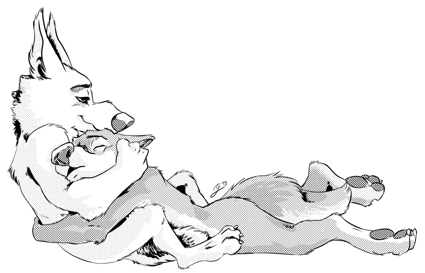 2019 anthro canid canine canis claws cuddling disney duo ears_back eyes_closed fluffy fluffy_tail gary_(zootopia) gerardson halftone hi_res holding_head hug larry_(zootopia) lying_on_another male male/male mammal monochrome neck_tuft nude pawpads pivoted_ears plantigrade romantic romantic_couple side_view signature sleeping smile tuft wolf zootopia