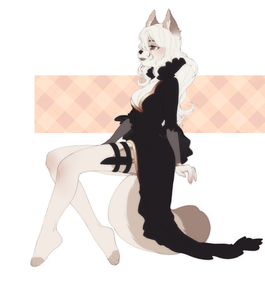 2021 anthro biped black_clothing black_dress black_nose brown_eyes clothing dress eyelashes female fur hair hi_res knife pekuza041 sitting solo tan_body tan_fur tan_inner_ear white_hair white_inner_ear_fluff