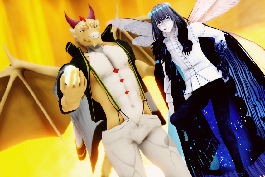 3:2 3d_(artwork) abs anthro bottomwear clothed clothing digital_media_(artwork) dragonfly_wings duo egg fairy fate_(series) fire hi_res humanoid insect_wings looking_at_viewer male malicekira muscular muscular_anthro muscular_male oberon_vortigern open_mouth ophion pants smile solo spikes standing suspenders tokyo_afterschool_summoners video_games white_body wings yellow_body