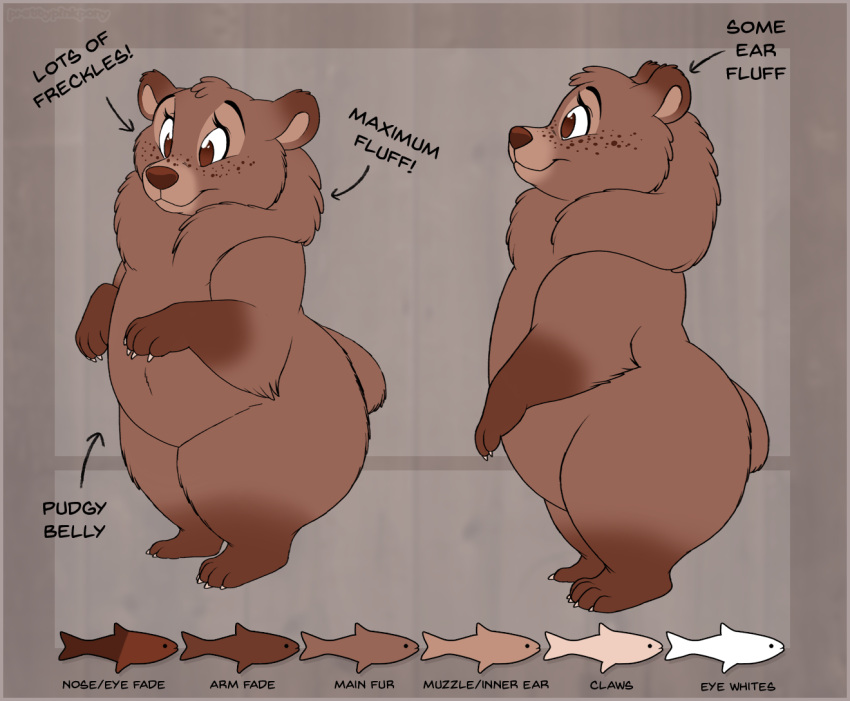 2020 4_toes belly black_eyebrows border brown_bear brown_body brown_eyes brown_fur brown_nose claws english_text eyebrows feet female fluffy freckles fur grizzly_bear head_tuft mammal model_sheet neck_tuft paws prettypinkpony red_border semi-anthro slightly_chubby smile solo standing text toes tuft ursid ursine