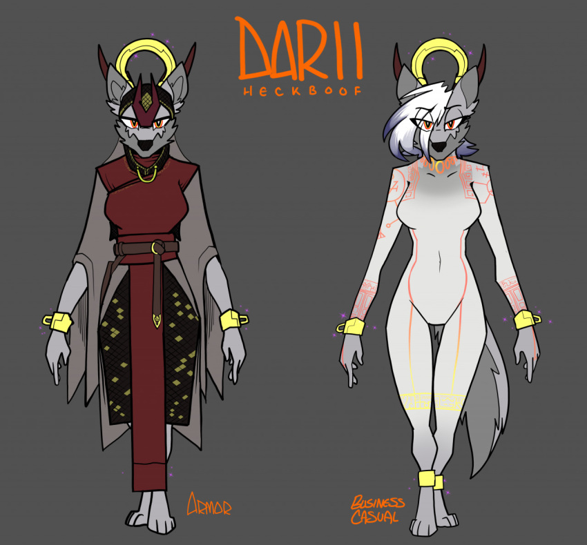 anthro armor canid canid_demon canine clothed clothing darii_(topazknight) demon female fully_clothed halo hellhound highlights_(coloring) mammal model_sheet solo text tight_clothing topazknight