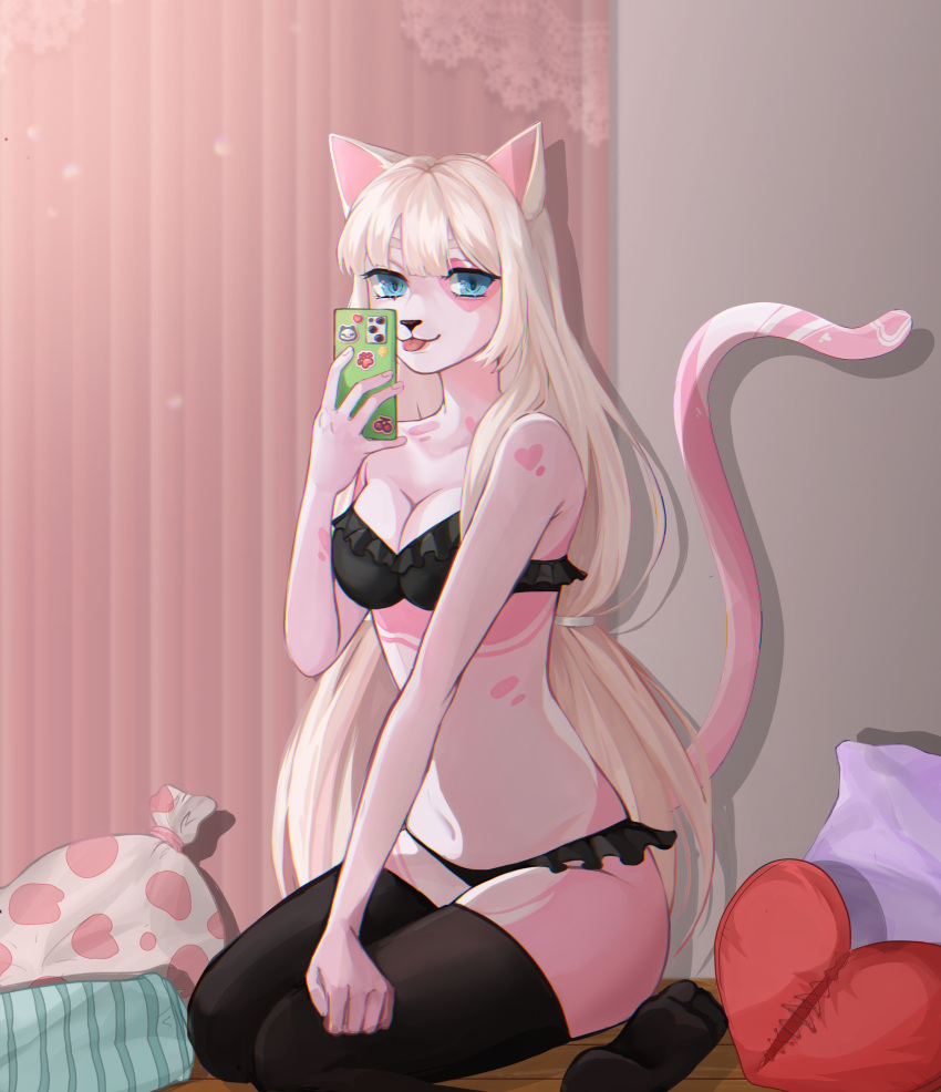 absurd_res anonymous_artist anthro bedroom blonde_hair blue_eyes breasts cat_ear cellphone clothing domestic_cat fan_character felid feline felis female footwear hair hi_res invalid_tag katie_(oc) mammal phone pillow pink_body smartphone smile socks solo tongue tongue_out underwear